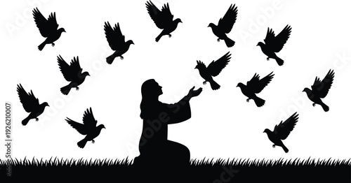 Silhouette of Jesus praying with doves flying overhead, symbolizing peace, faith, hope and spiritual freedom concept illustration.