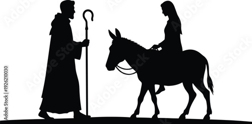 Silhouette of Joseph leading Mary on donkey, biblical nativity journey to Bethlehem isolated on white Christmas religious concept illustration.