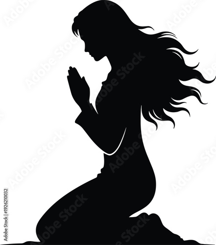 Silhouette of kneeling woman praying with hands clasped, spiritual devotion faith meditation and religious worship concept isolated background.