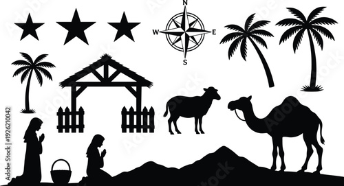 Nativity scene silhouette with Mary and Joseph praying near stable, camel, cow, palm trees and guiding star biblical Christmas concept.