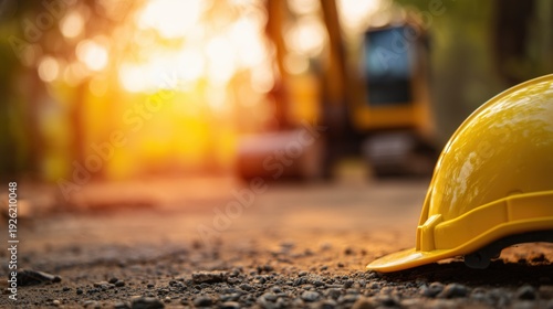 Construction Helmet on Wooden Surface with Wide Industrial Copy Space
