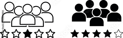 Customer feedback comparison, people group rating icons, low score versus high score, evaluation system, user review stars, quality assessment illustration