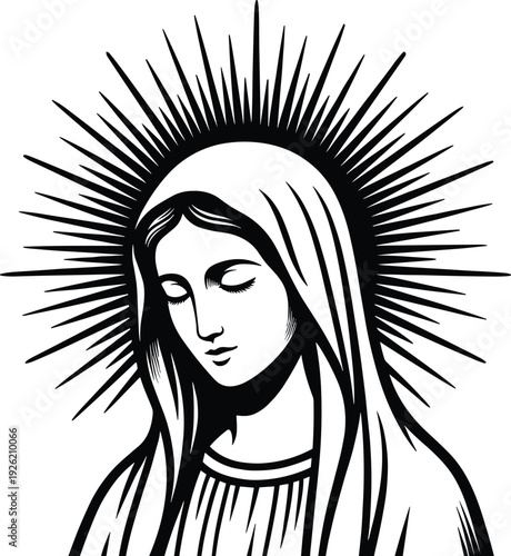 Virgin Mary silhouette portrait with radiant halo rays, sacred Christian religious illustration symbolizing faith, devotion and spiritual grace.