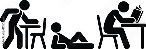 Illustration of different work and relaxation postures in an office setting