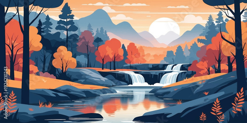 Autumn landscape illustration featuring a serene waterfall, colorful trees, and distant mountains reflected in calm water, perfect for travel themes and decorative backgrounds.