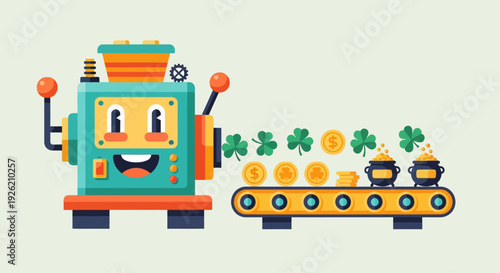 A cheerful robot manufacturing gold coins and pots of gold on a conveyor belt for St. Patrick’s Day celebration