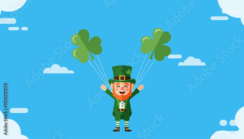 Celebrating St. Patrick’s Day with a joyful leprechaun floating amidst balloons against a vibrant blue sky with fluffy clouds
