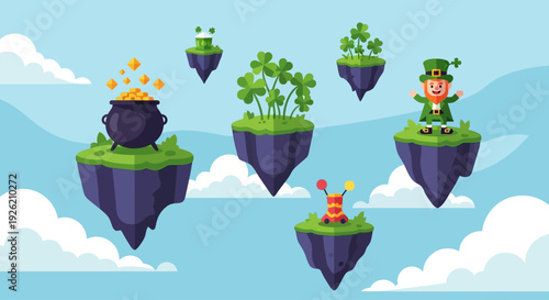 Floating islands with leprechauns and plants celebrating St. Patrick’s Day in a whimsical sky scene