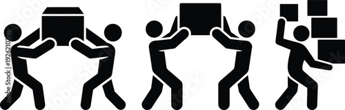 Four people working together to move and organize boxes in a room