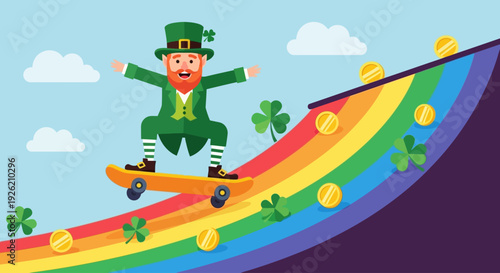 Leprechaun skateboarding down a rainbow on St. Patrick’s Day, surrounded by shamrocks and gold coins in a whimsical illustration