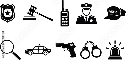 Icons representing law enforcement and criminal justice system elements