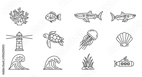 A collection of ocean creatures and landmarks illustrated in line art on a white background for world wildlife day