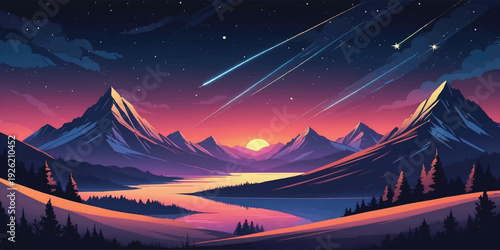 Stylized mountain landscape illustration featuring a glowing sunset horizon, reflective lake, and shooting stars in a vibrant night sky, perfect for fantasy backgrounds and creative design.