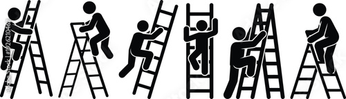 Illustration of diverse individuals performing various tasks on ladders.