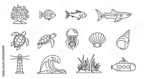 A flat lay of various marine icons and sea creatures for World Wildlife Day against a clean white background