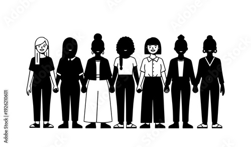 Flat vector illustration of diverse women standing together holding hands symbolizing friendship, sisterhood, and empowerment