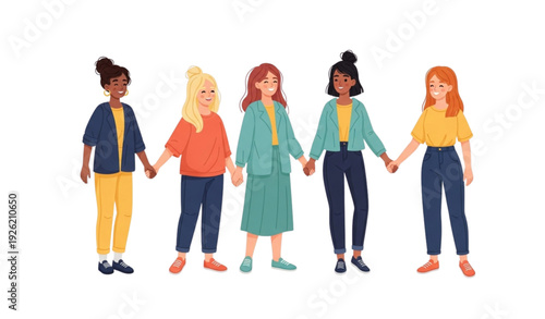 Happy women and girls holding hands flat cartoon vector illustration representing friendship, unity, and sisterhood