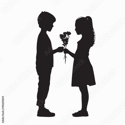 Boy Giving Flowers to Girl Romantic Silhouette Vector Illustration