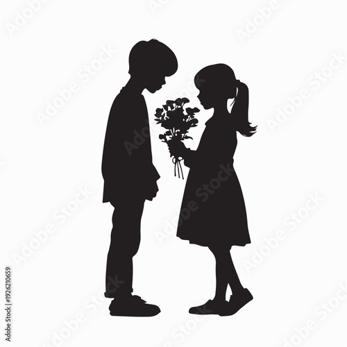 Boy Giving Flowers to Girl Romantic Silhouette Vector Illustration