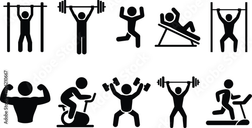 A collection of ten black and white icons depicting various exercise activities