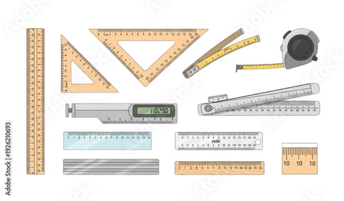 Vector Ruler Scale Set Illustration with Straight, Folding, and Measuring Tape Rulers