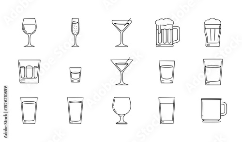 Editable line glasses icon set with wineglass, cocktail, beer, and beverage vector illustrations