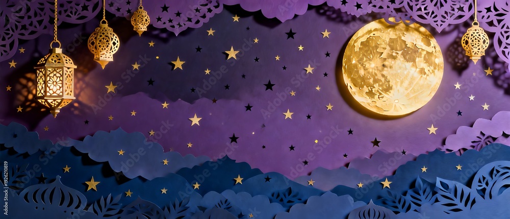Fototapeta premium Eid Mubarak celebration with golden lanterns and full moon