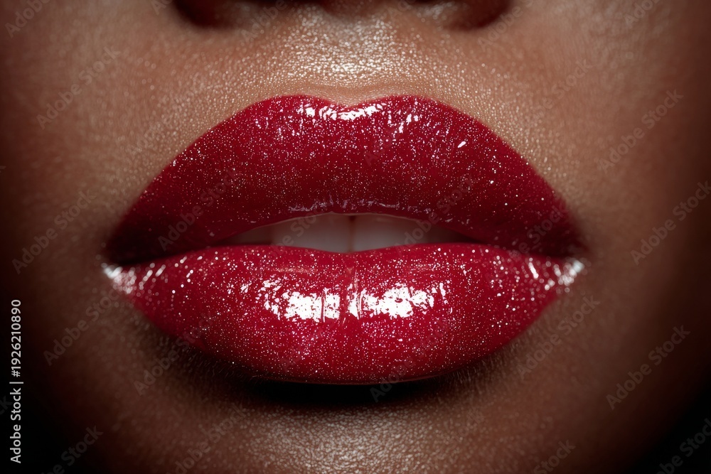 Fototapeta premium The close-up features a beautiful black woman with glossy red lips, her black skin radiating timeless elegance and sophistication