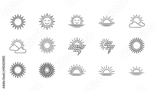 Modern editable sun line icons for sunrise, sunset, solar energy, and sunny day illustrations