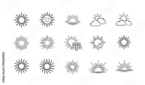 Modern editable sun line icons for sunrise, sunset, solar energy, and sunny day illustrations