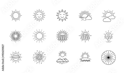 Creative editable sun icon collection with sunrise, sunset, solar, and decorative sun vector illustrations