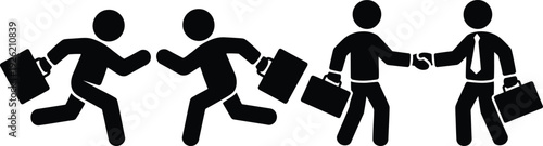 Four individuals in business attire running while holding briefcases.