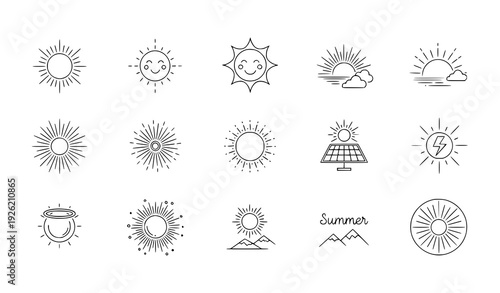 Creative editable sun icon collection with sunrise, sunset, solar, and decorative sun vector illustrations