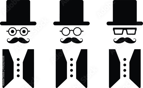 Three stylish men wearing top hats and bow ties with different facial hair styles
