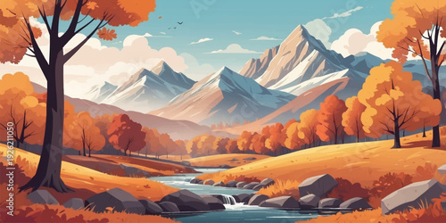 Autumn River Valley Landscape Illustration with Golden Fall Trees, Mountain Peaks, Flowing Stream and Peaceful Scenic Nature Background Design.