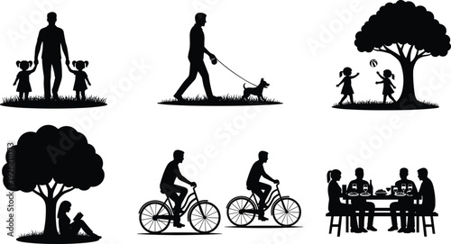 Set of black silhouettes featuring family walking, man with dog, kids playing, person reading under tree, cyclists, and people dining.