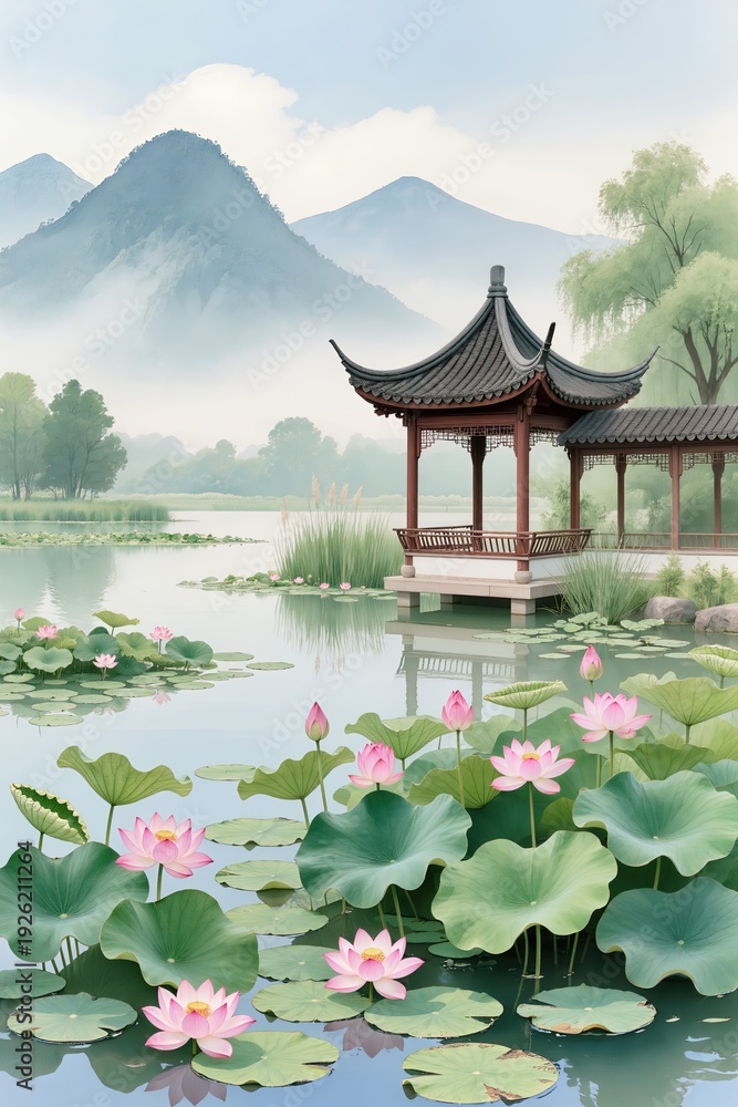 Fototapeta premium Lotus pond in summer, pink lotus flowers blooming, pavilion by the water, distant misty mountains, elegant shan shui watercolor style