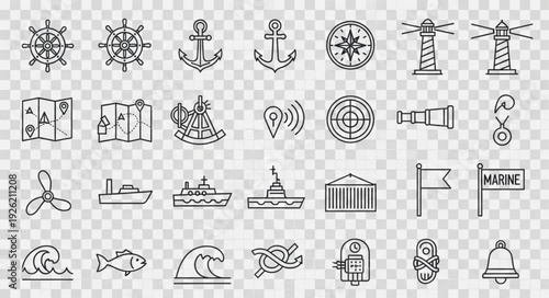Collection of nautical and marine themed hand drawn sketches and illustrations.