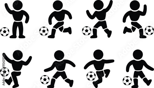 Silhouette of soccer players kicking a ball in various positions