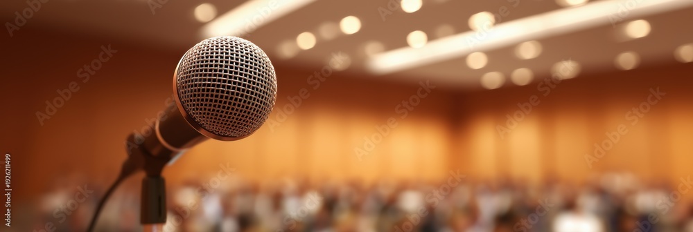 Obraz premium Microphone in Conference Hall with Dominant Copy Space