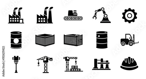Industrial icons representing factories, machinery, and construction elements for manufacturing.