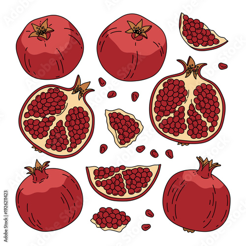 Red pomegranates whole and halved with scattered seeds are spread across a white background. Isolated transparent background ( include cut-out PNG file ).
