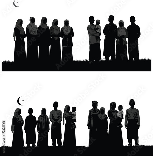 Silhouette of people standing in two rows under the crescent moon