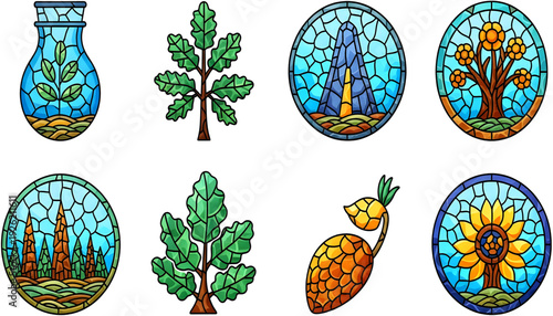 Stained glass plant icon set. Includes tree, leaf, flower, pineapple, and vase. Created in stained glass style with colorful palette.