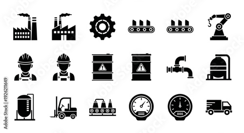 Industrial factory production line with various manufacturing equipment and machinery.