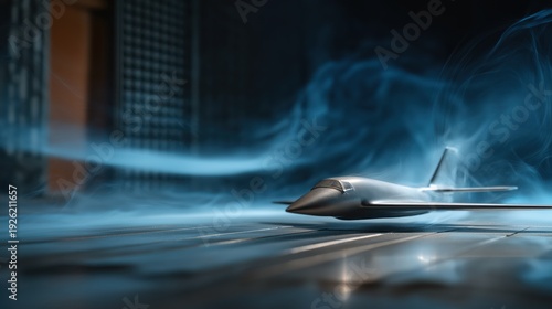 Scale aircraft model in wind tunnel with smoke visualization, aerodynamic flow patterns visible