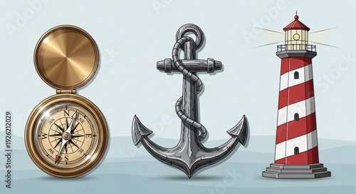 Nautical themed objects - compass, anchor, and lighthouse, maritime navigation.