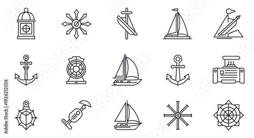 Collection of nautical themed line art illustrations and sketches.