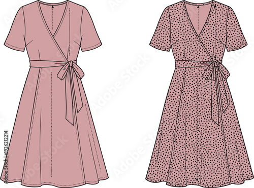 Women wrap dress vector illustration, short sleeve V neck belted midi fashion design isolated on white background
