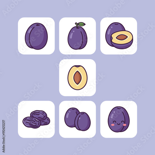 Purple plum fruit icons set featuring whole plums sliced halves pits dried prunes and a smiling mascot character for organic food and agriculture marketing